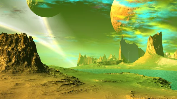 Fantasy alien planet. Rocks and lake. 3D illustration — Stock Photo, Image