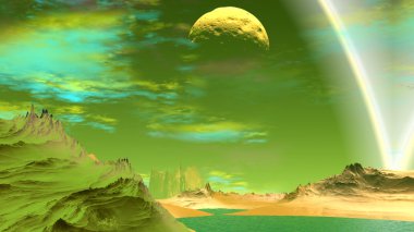 Fantezi uzaylı gezegenine. Kayalar ve göl. 3D çizim