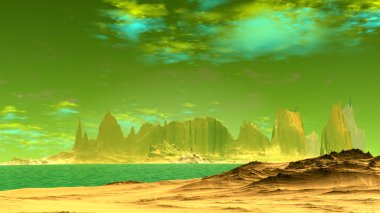 Fantezi uzaylı gezegenine. Kayalar ve göl. 3D çizim