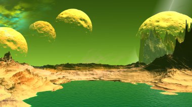 Fantezi uzaylı gezegenine. Kayalar ve göl. 3D çizim