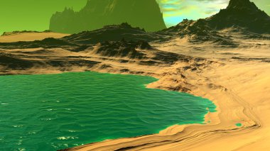 Fantezi uzaylı gezegenine. Kayalar ve göl. 3D çizim