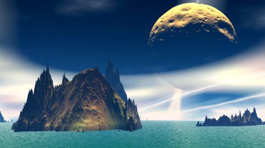 Fantezi uzaylı gezegenine. Kayalar ve göl. 3D çizim