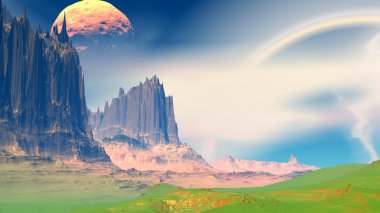 Fantezi uzaylı gezegenine. Kayalar ve gökyüzü. 3D çizim 