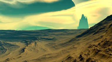 Fantezi uzaylı gezegenine. Kayalar ve gökyüzü. 3D çizim 