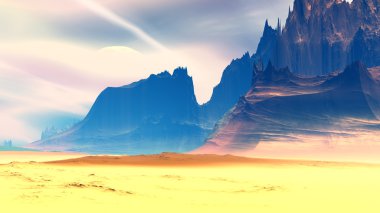 Fantezi uzaylı gezegenine. Kayalar ve gökyüzü. 3D çizim 