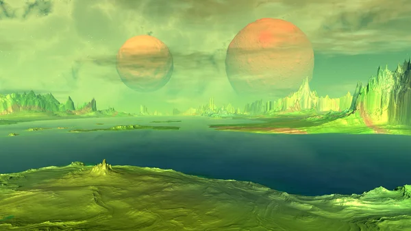 Fantasy främmande planet. Stenar och sjön. 3D illustration — Stockfoto