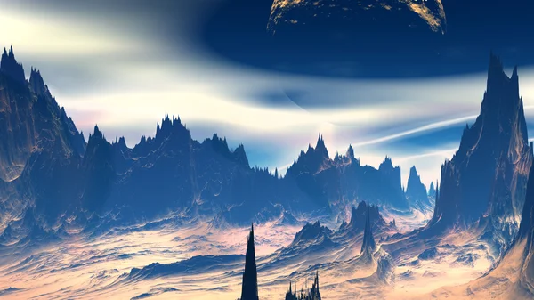Fantasy obcej planety. Skały i niebo. ilustracja 3D — Zdjęcie stockowe
