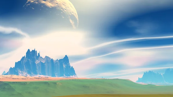 Fantasy obcej planety. Skały i niebo. ilustracja 3D — Zdjęcie stockowe