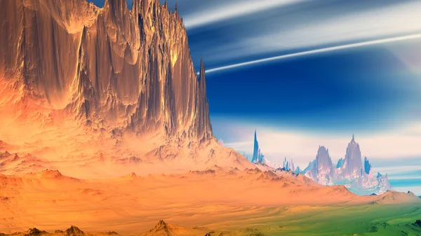 Fantezi uzaylı gezegenine. Kayalar ve gökyüzü. 3D çizim — Stok fotoğraf