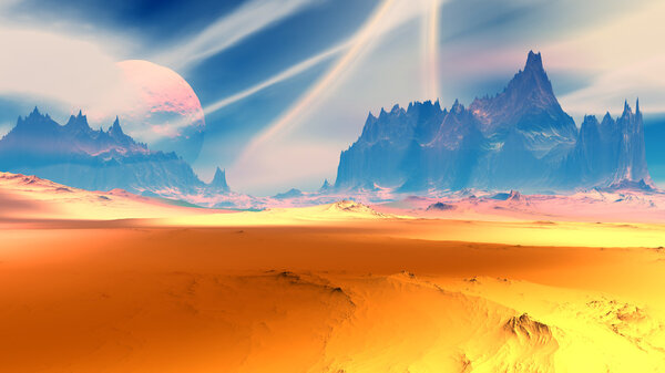 Rocks and sky. Landscape of stranger planet. 3D illustration