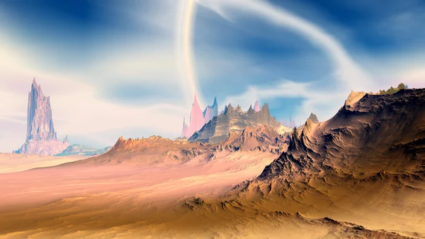 Fantasia planeta alienígena. Pedras e céu. Ilustração 3D — Fotografia de Stock