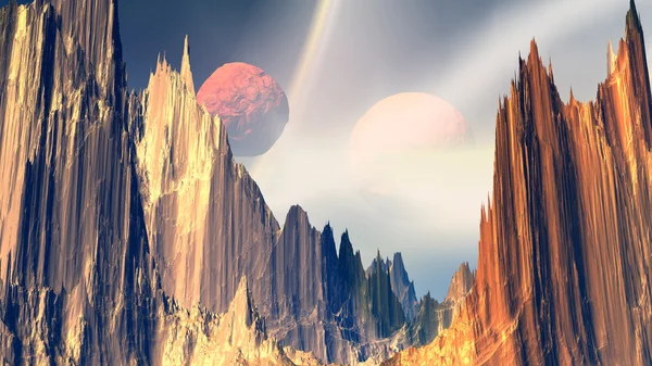 Fantasía planeta alienígena. Rocas y cielo. Ilustración 3D —  Fotos de Stock