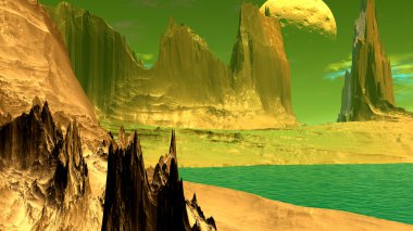 Fantezi uzaylı gezegenine. Kayalar ve göl. 3D çizim