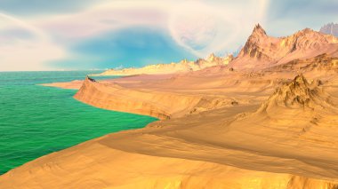 Fantezi uzaylı gezegenine. Kayalar ve göl. 3D çizim