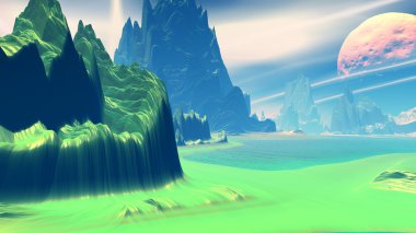 Fantezi uzaylı gezegenine. Kayalar ve göl. 3D çizim