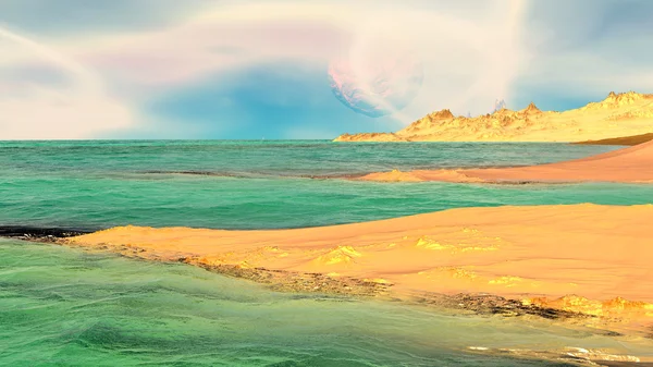 Fantasía planeta alienígena. Rocas y lago. Ilustración 3D —  Fotos de Stock