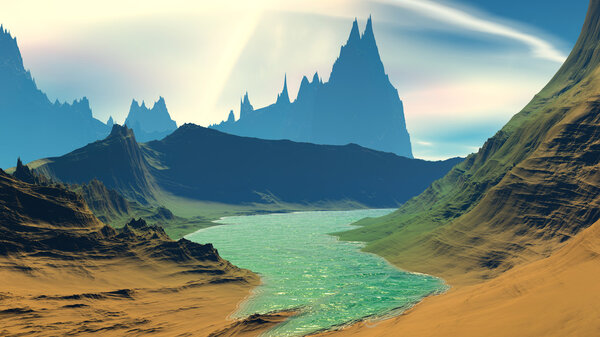 Rocks and lake. Landscape of stranger planet. 3D illustration