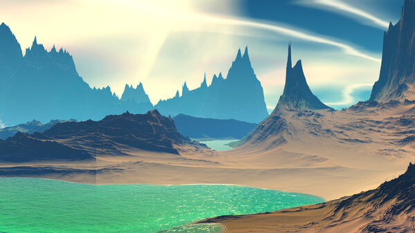 Rocks and lake. Landscape of stranger planet. 3D illustration