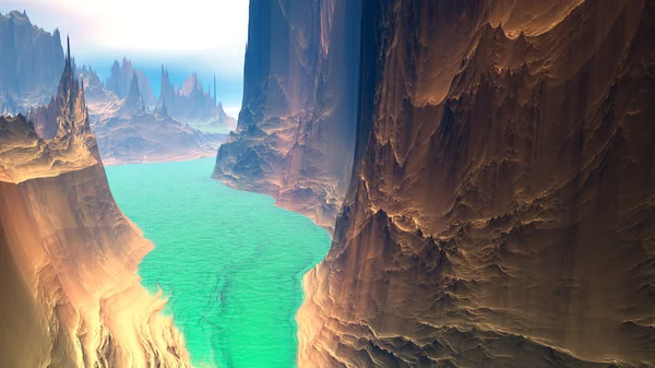 Fantasía planeta alienígena. Rocas y lago. Ilustración 3D —  Fotos de Stock