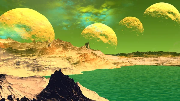 Fantasy alien planet. Rocks and lake. 3D illustration — Stock Photo, Image