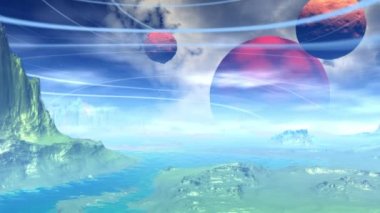 Fantezi uzaylı gezegenine. Kayalar ve göl. 3D animasyon. 4