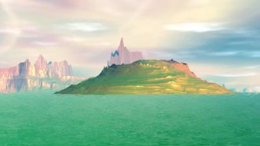 Fantezi uzaylı gezegenine. Kayalar ve göl. 3D animasyon. 4