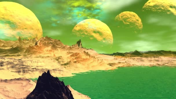 Planète extraterrestre fantastique. Rochers et lac. Animation 3D. 4 