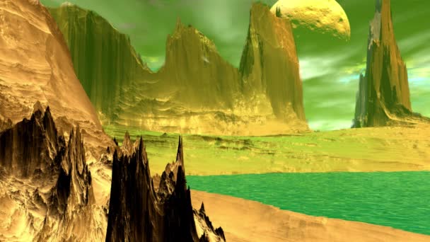 Planète extraterrestre fantastique. Rochers et lac. Animation 3D. 4 