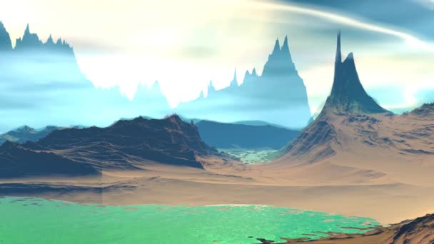 Planète extraterrestre fantastique. Rochers et lac. Animation 3D. 4 