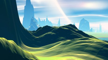 Fantezi uzaylı gezegenine. Kayalar ve gökyüzü. 3D çizim 