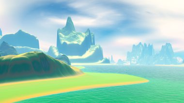 Fantezi uzaylı gezegeni. Dağ ve göl. 3B illüstrasyon