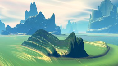 Fantezi uzaylı gezegeni. Dağ ve göl. 3B illüstrasyon