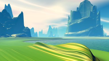 Fantezi uzaylı gezegeni. Dağ ve göl. 3B illüstrasyon