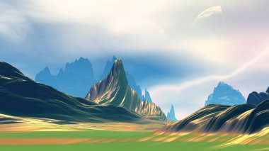 Fantezi uzaylı gezegenine. Kayalar ve gökyüzü. 3D çizim 