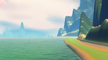 Fantezi uzaylı gezegeni. Dağ ve göl. 3B illüstrasyon