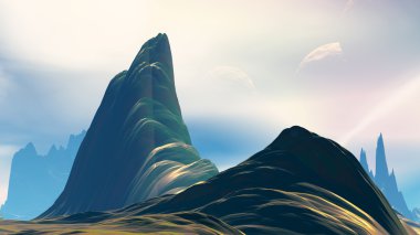 Fantezi uzaylı gezegenine. Kayalar ve gökyüzü. 3D çizim 