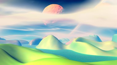 Fantezi uzaylı gezegeni. Dağ ve göl. 3B illüstrasyon