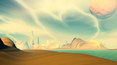Fantezi uzaylı gezegeni. Dağ ve göl. 3B illüstrasyon