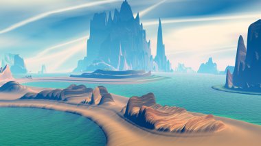 Fantezi uzaylı gezegeni. Dağ ve göl. 3B illüstrasyon