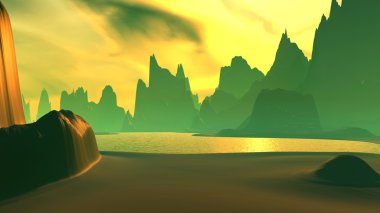 Fantezi uzaylı gezegeni. Dağ ve göl. 3B illüstrasyon