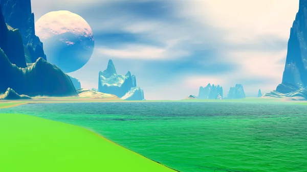 Fantasia planeta alienígena. Montanha e lago. Ilustração 3D — Fotografia de Stock