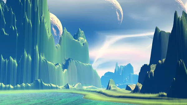 Фантазия инопланетной планеты. Гора и озеро. 3D иллюстрация — стоковое фото