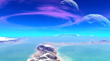 Fantezi uzaylı gezegeni. Dağ ve göl. 3B illüstrasyon