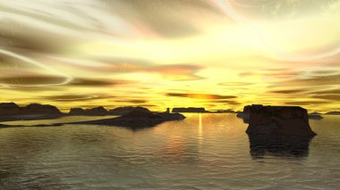 Fantezi uzaylı gezegeni. Dağ ve göl. 3B illüstrasyon