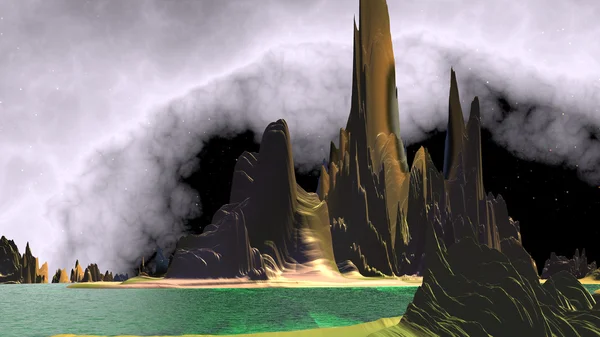 판타지 외계 행성. 산 과 호수. 3D 삽화 — 스톡 사진