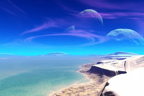 Fantasy alien planet. Berg und See. 3D-Illustration — Stockfoto