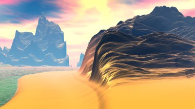 Fantezi uzaylı gezegeni. Dağ ve göl. 3B illüstrasyon