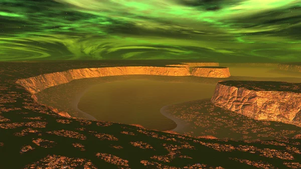 Fantasy alien planet. Mountain and lake. 3D illustration — Stock Photo, Image