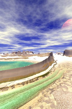 Fantezi uzaylı gezegenine. Dağ ve göl. 3D render