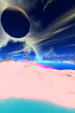 Fantezi uzaylı gezegenine. Dağ ve göl. 3D render